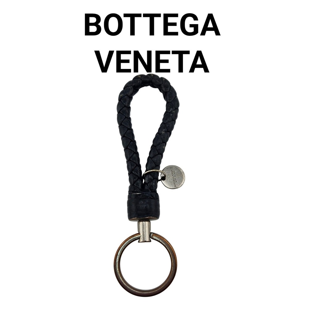 Bottega Veneta Intrecciato Woven Leather Keychain Black Silver Tone Logo Charm